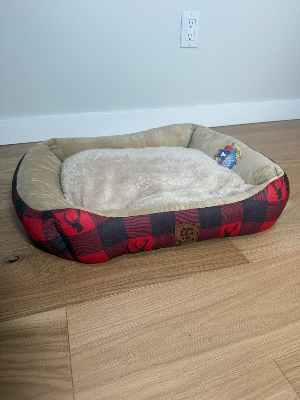 Cozy Red Buffalo Plaid Small Pet Bed with Cream Plush Cushion